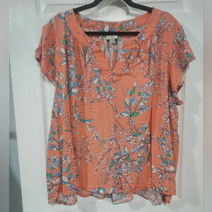 St. John's Bay Coral Floral Split V Neck Short Sleeve Blouse in Size 2X